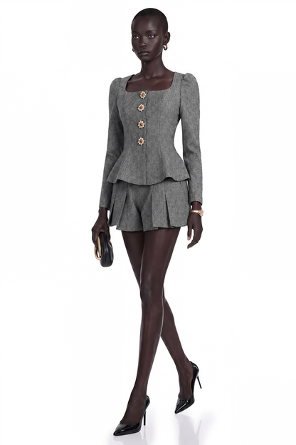 Agathe Grey Herringbone Top & Shorts Matching Set