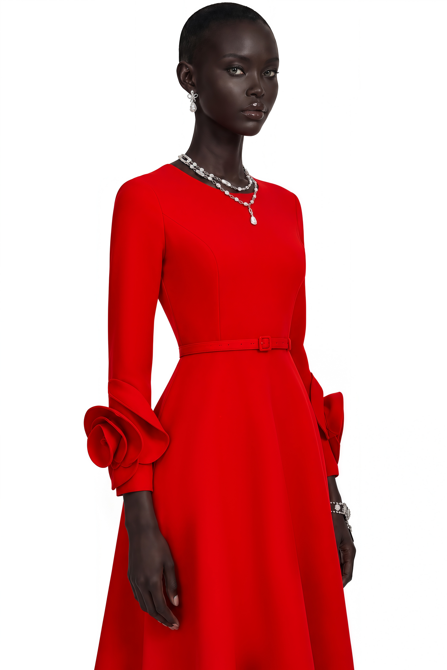 Aurelia Kırmızı Çiçek Süslemeli Uzun Kollu Elbise