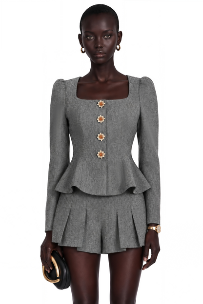 Agathe Grey Herringbone Top & Shorts Matching Set