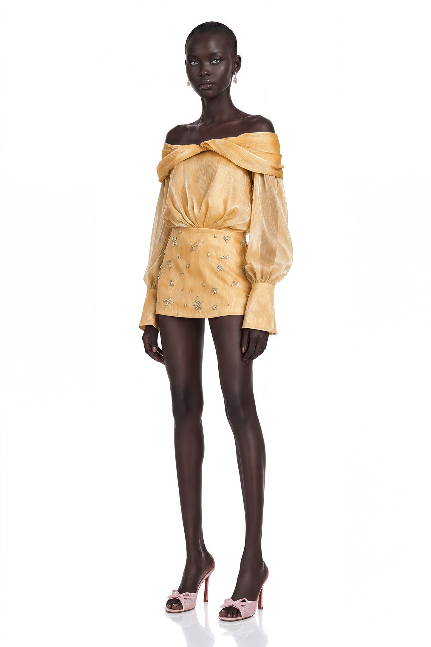 Adelina Gold Crystal-Embellished Paneled Mini Dress