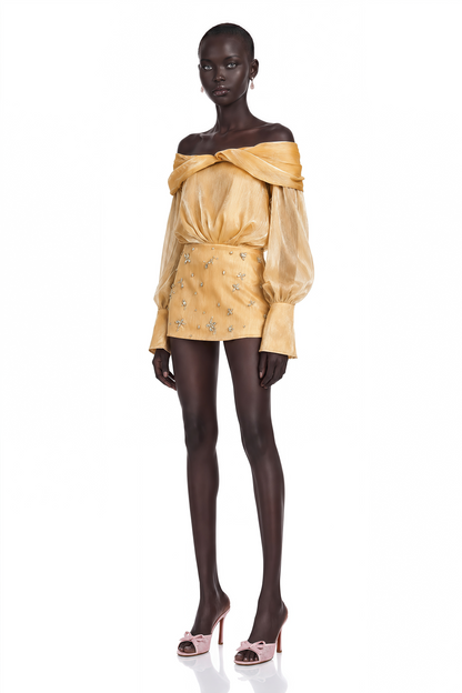 Adelina Gold Crystal-Embellished Paneled Mini Dress