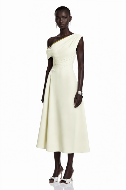 Blossom White One Shoulder Ruched Midi Dress