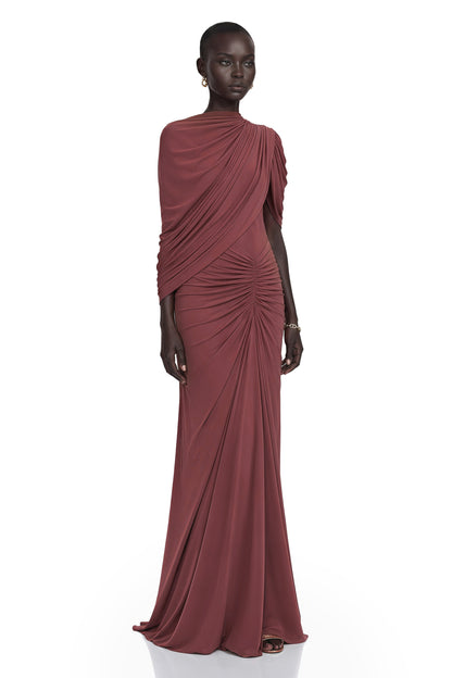 Liliana Brown Asymmetrical Ruched Cape Maxi Dress
