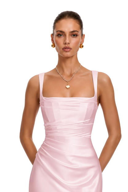 Inmaculada Pembe Dantelli Saten Uzun Elbise (Eldivensiz)