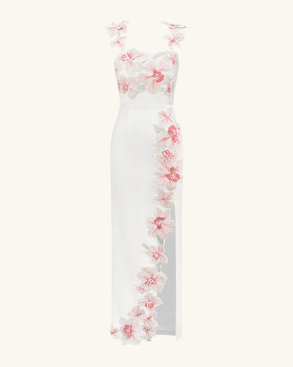 Çiçek Desenli Nakışlı Elbise - White/Pink