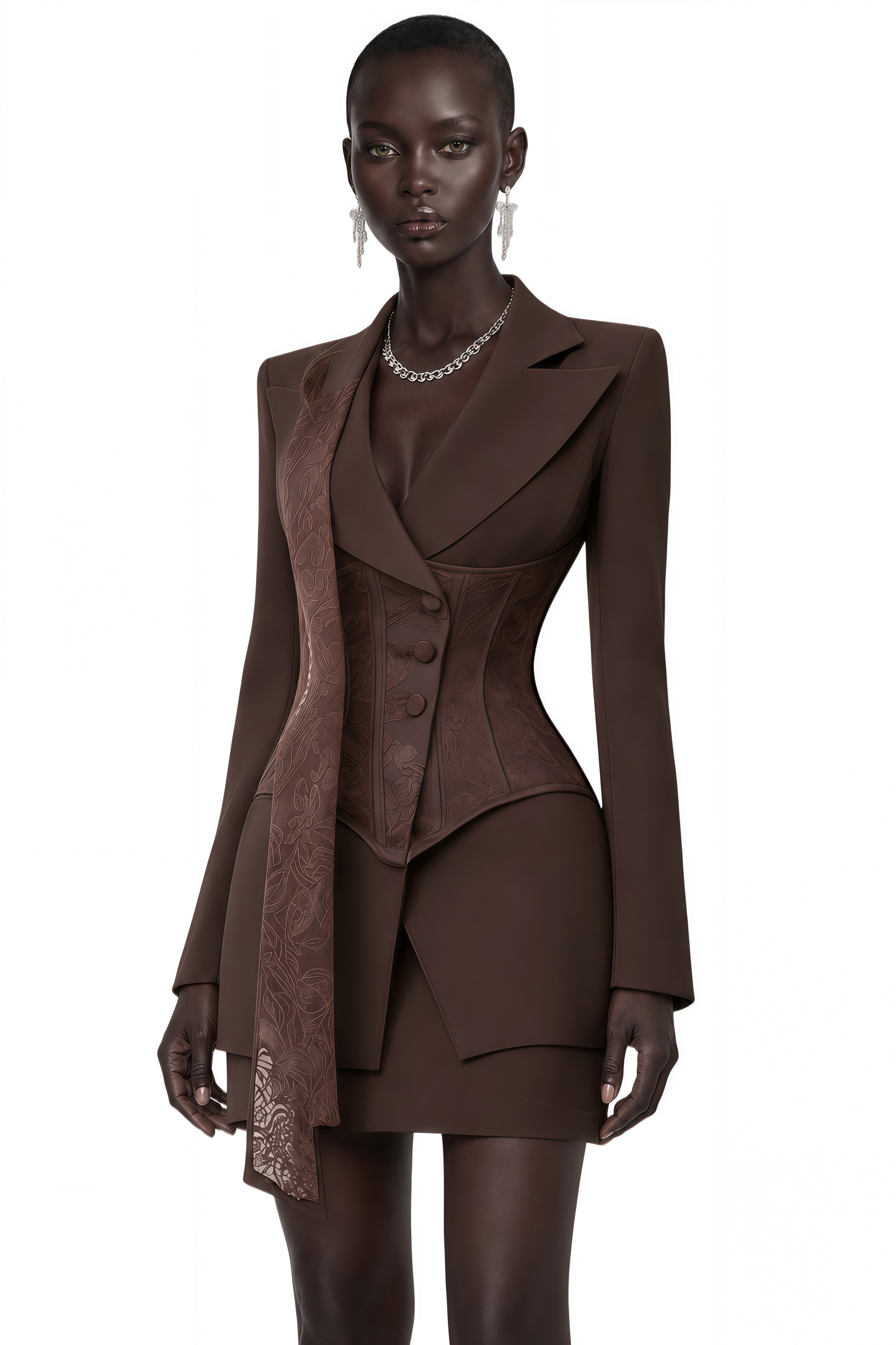 Sienna Brown Blazer & Skirt Set with Lace Panels