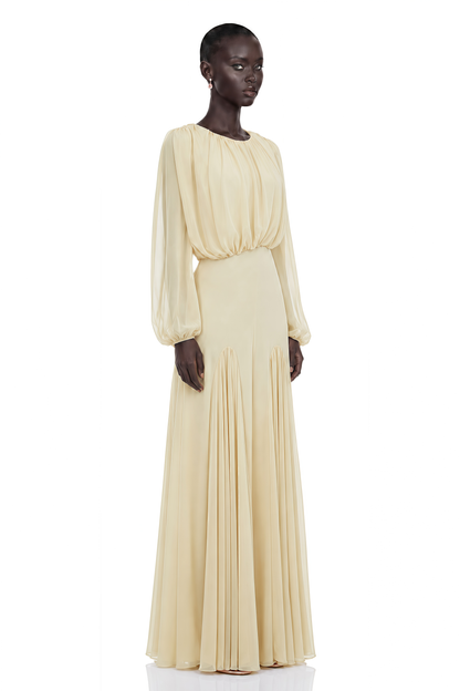 Annabelle Yellow Lantern Sleeve Pleated Maxi Dress