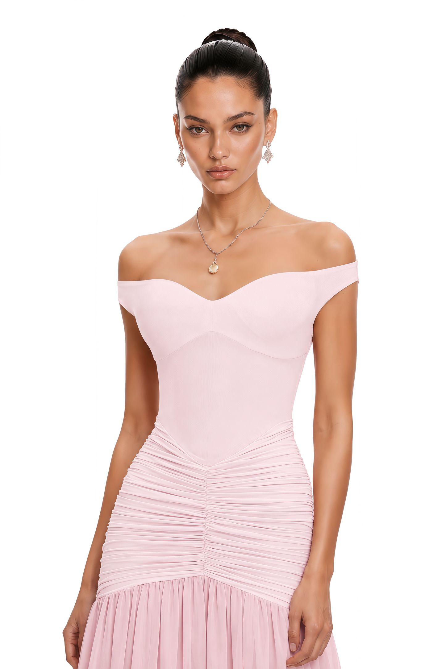 Geneviève Pink Off Shoulder Ruched Maxi Dress