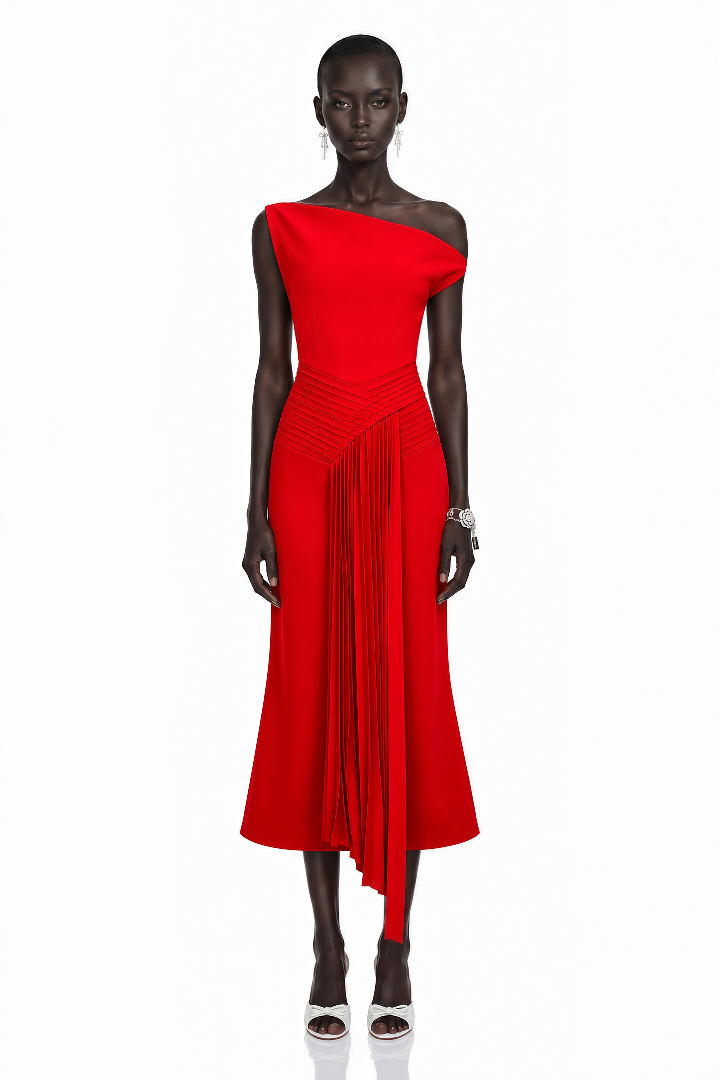 Laurine Asymmetrical Draped Midi Dress in Red