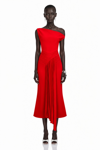 Laurine Asymmetrical Draped Midi Dress in Red