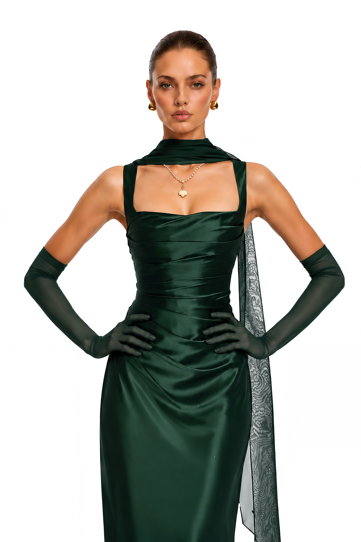 Inmaculada Emerald Ruched Satin Maxi Dress (Without Gloves)