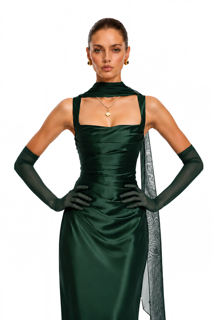Inmaculada Emerald Ruched Satin Maxi Dress (Without Gloves)