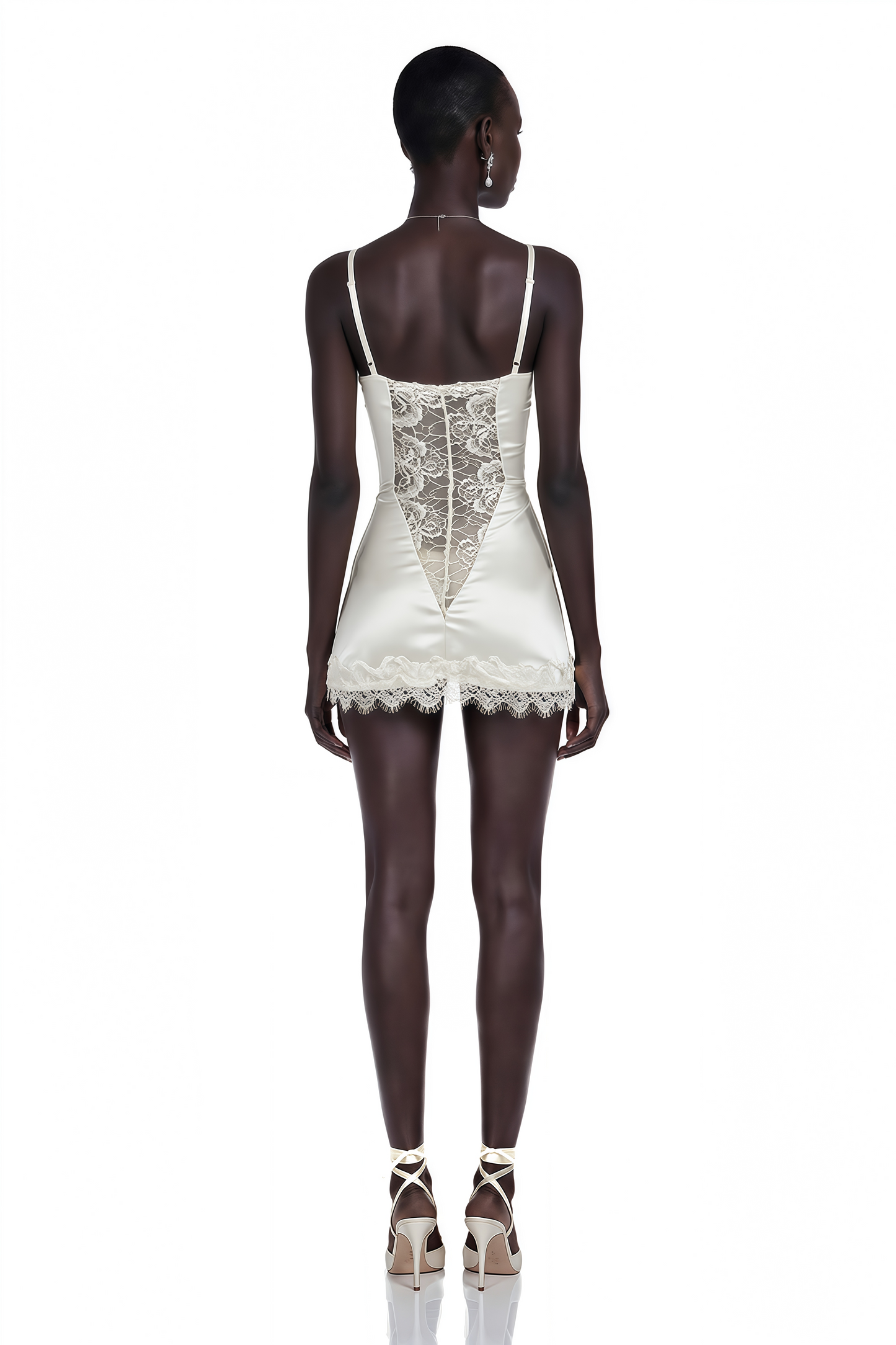 Juliette White Satin Mini Dress with Lace Panels