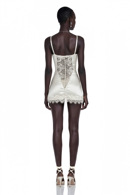 Juliette White Satin Mini Dress with Lace Panels