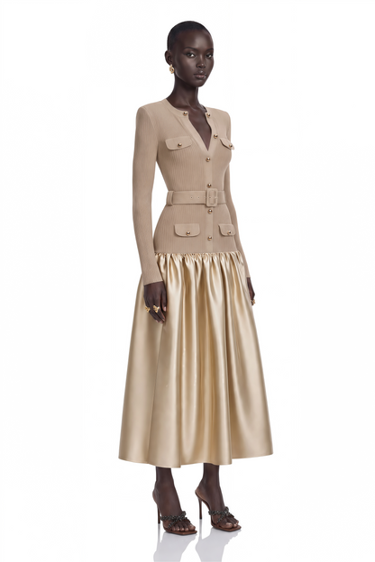 Fern Gold Saten Panelli Triko Midi Elbise