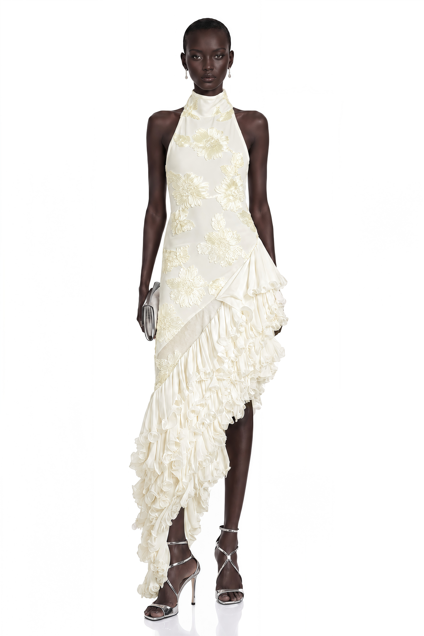 Théoline Neutral Asymmetrical Ruffled Floral Midi Dress