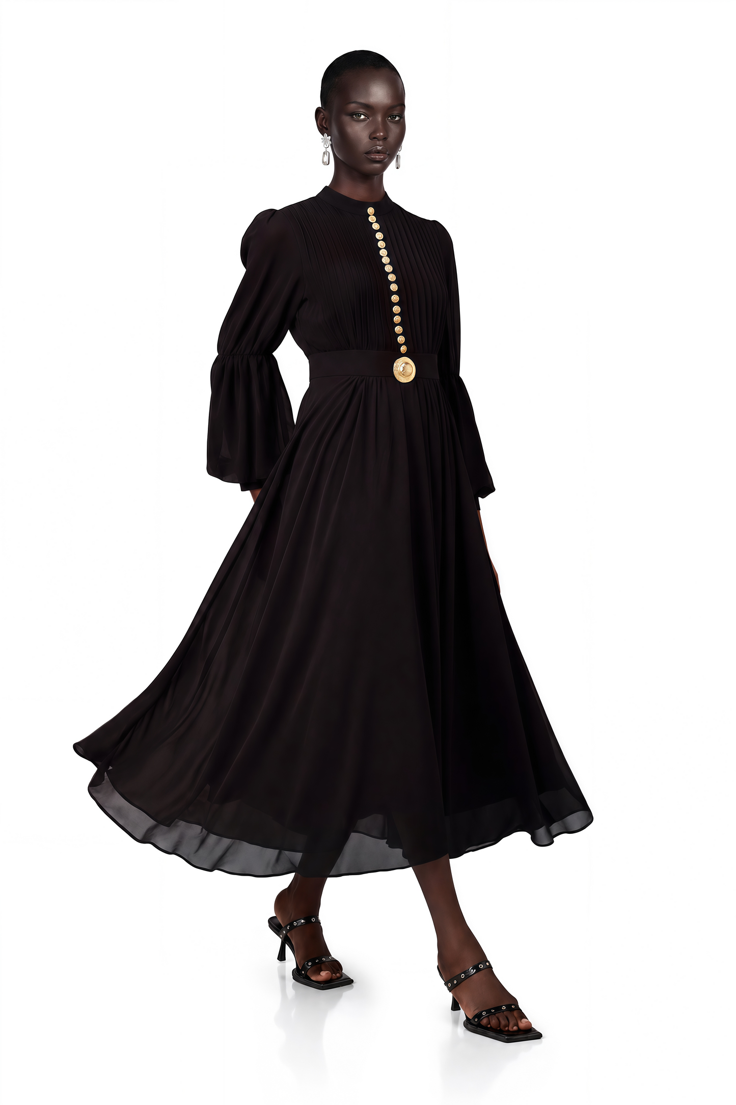 Viviane Black Pleated Button-Front Midi Dress