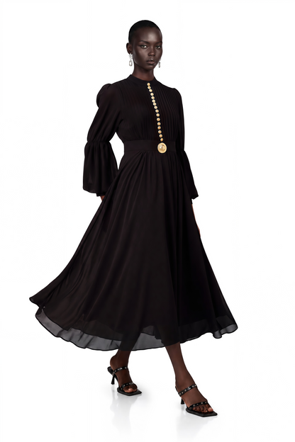 Viviane Black Pleated Button-Front Midi Dress