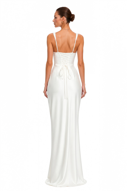 Inmaculada White Ruched Satin Maxi Dress (Without Gloves)