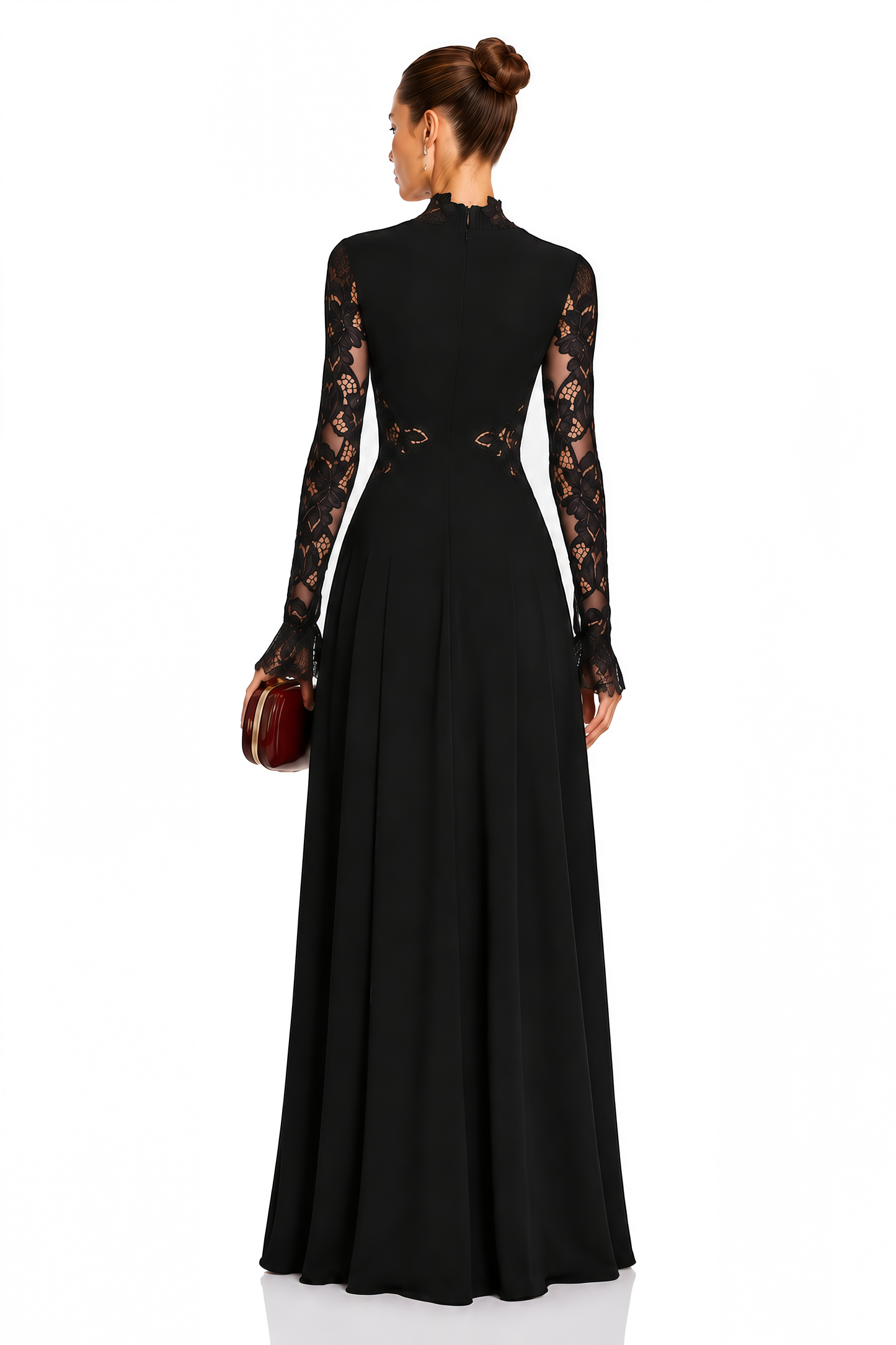 Chiara Black Lace Panel Pleated Midi Dress
