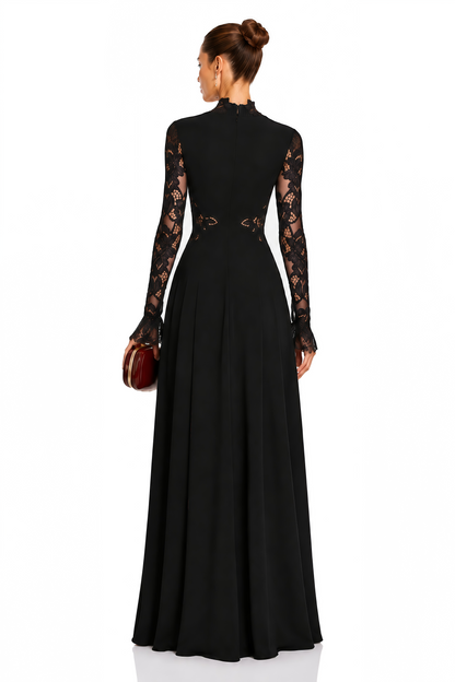Chiara Black Lace Panel Pleated Midi Dress