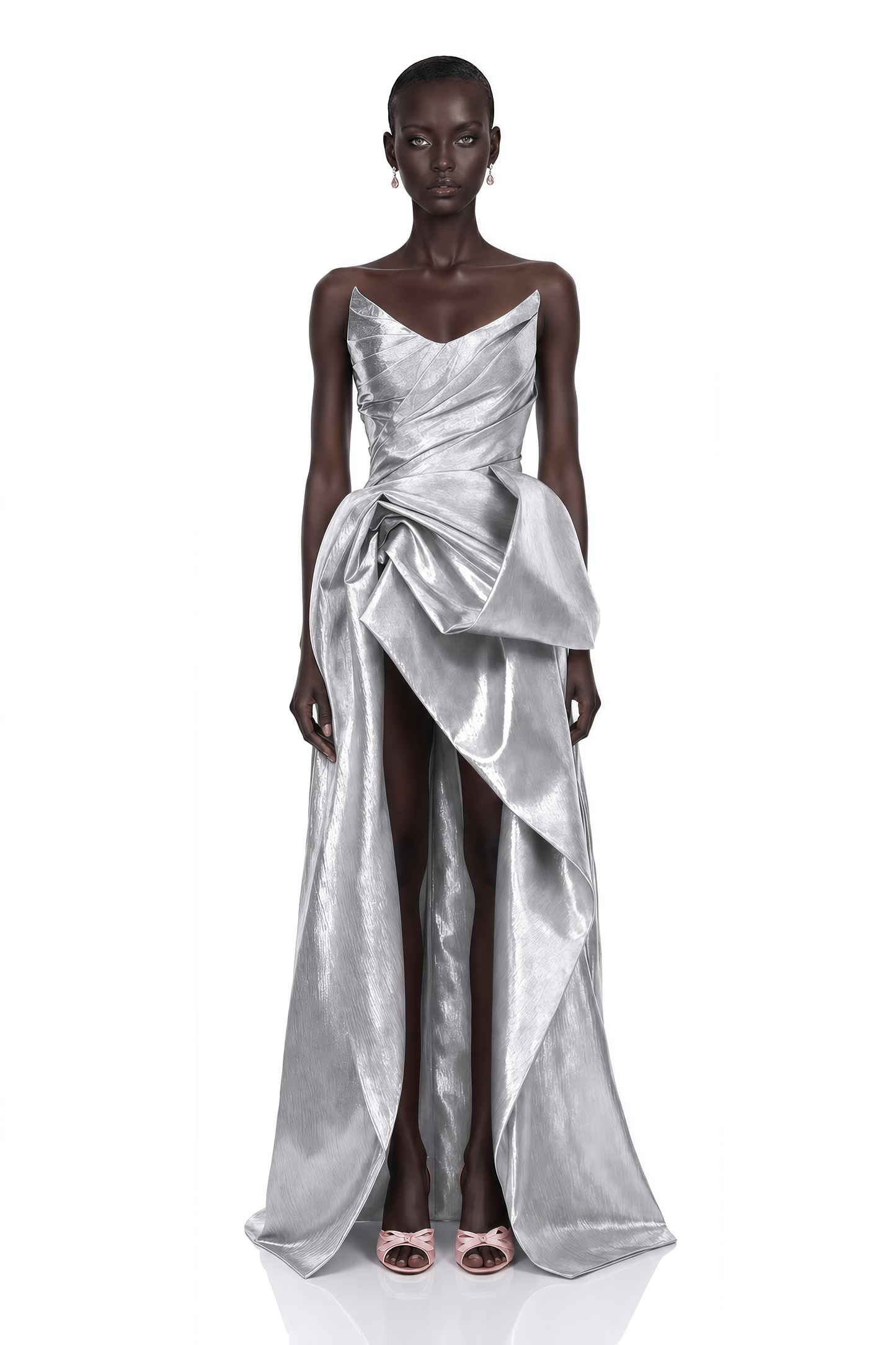 Adina Silver Glossy Asymmetrical Ruched Gown