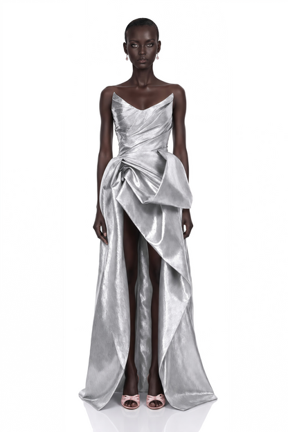 Adina Silver Glossy Asymmetrical Ruched Gown