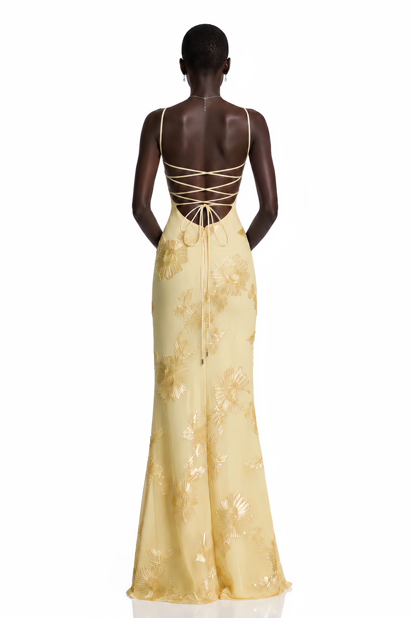 Théoline Yellow Floral Appliqué Corset Maxi Dress