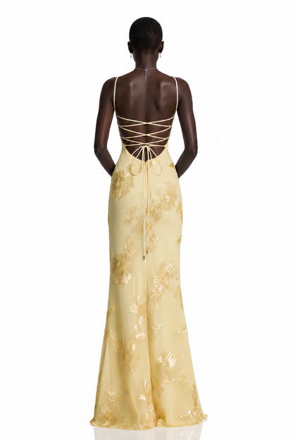 Théoline Yellow Floral Appliqué Corset Maxi Dress