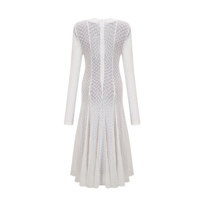 Athena Wavy-Pattern Lace Maxi Dress in White