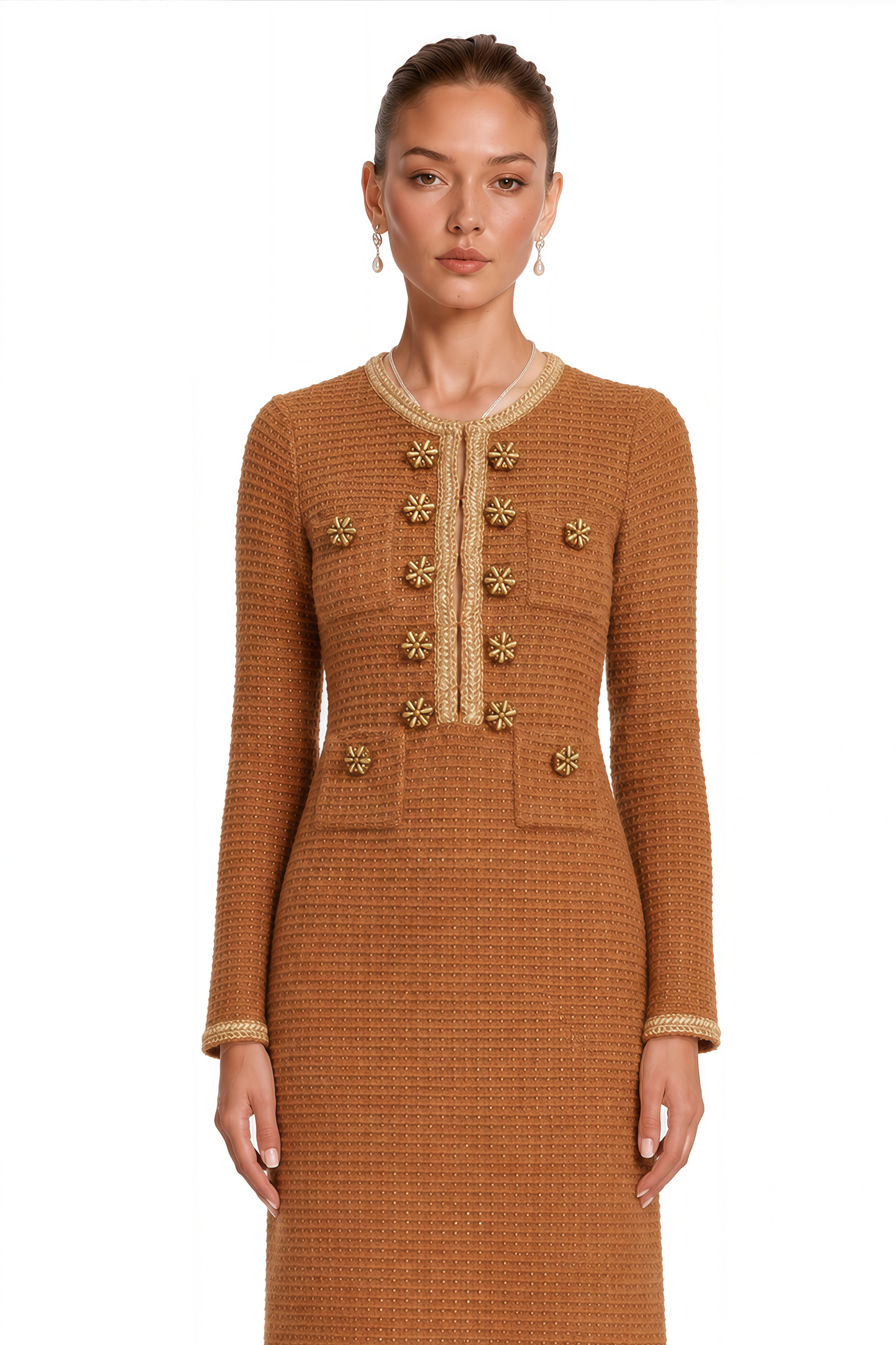 Epona Brown Braided-Edge Tweed Dress