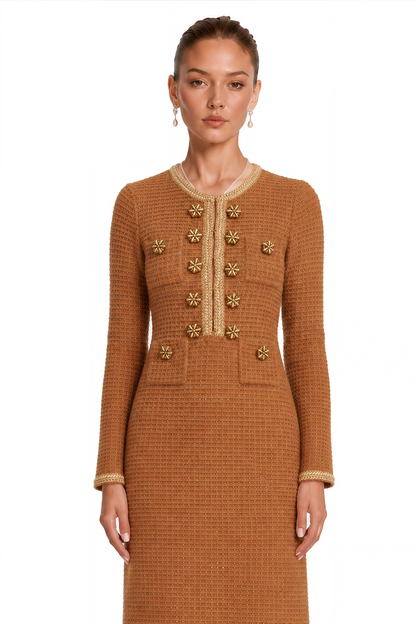 Epona Brown Braided-Edge Tweed Dress