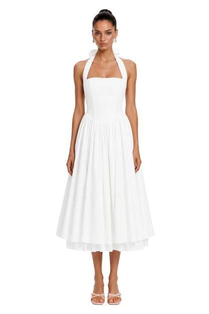 Eponine White Layered Flared Hem Midi Dress