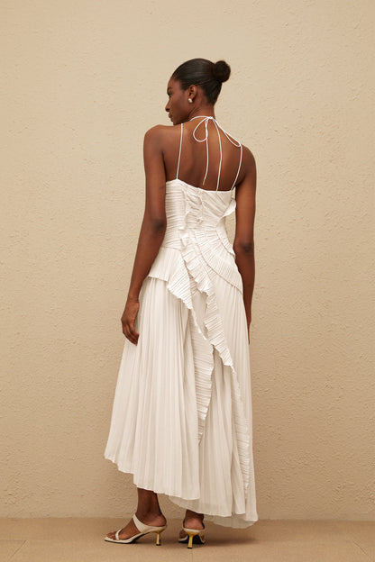 Doux White Ruffled Trim Pleated Midi Dress