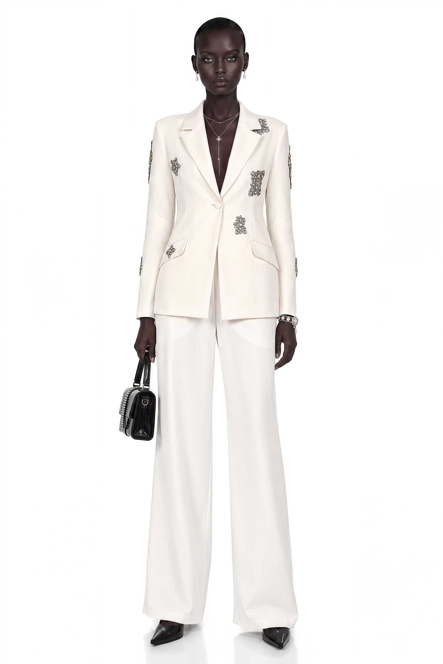 Edvige White Crystal-Embellished Blazer & Trousers Matching Set