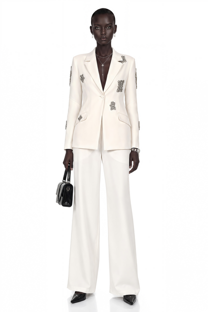 Edvige White Crystal-Embellished Blazer & Trousers Matching Set