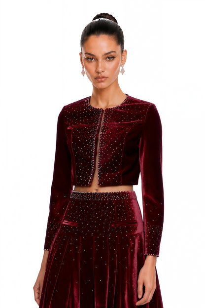 Candela Red Velvet Rhinestone Embellished Jacket & Skirt Set