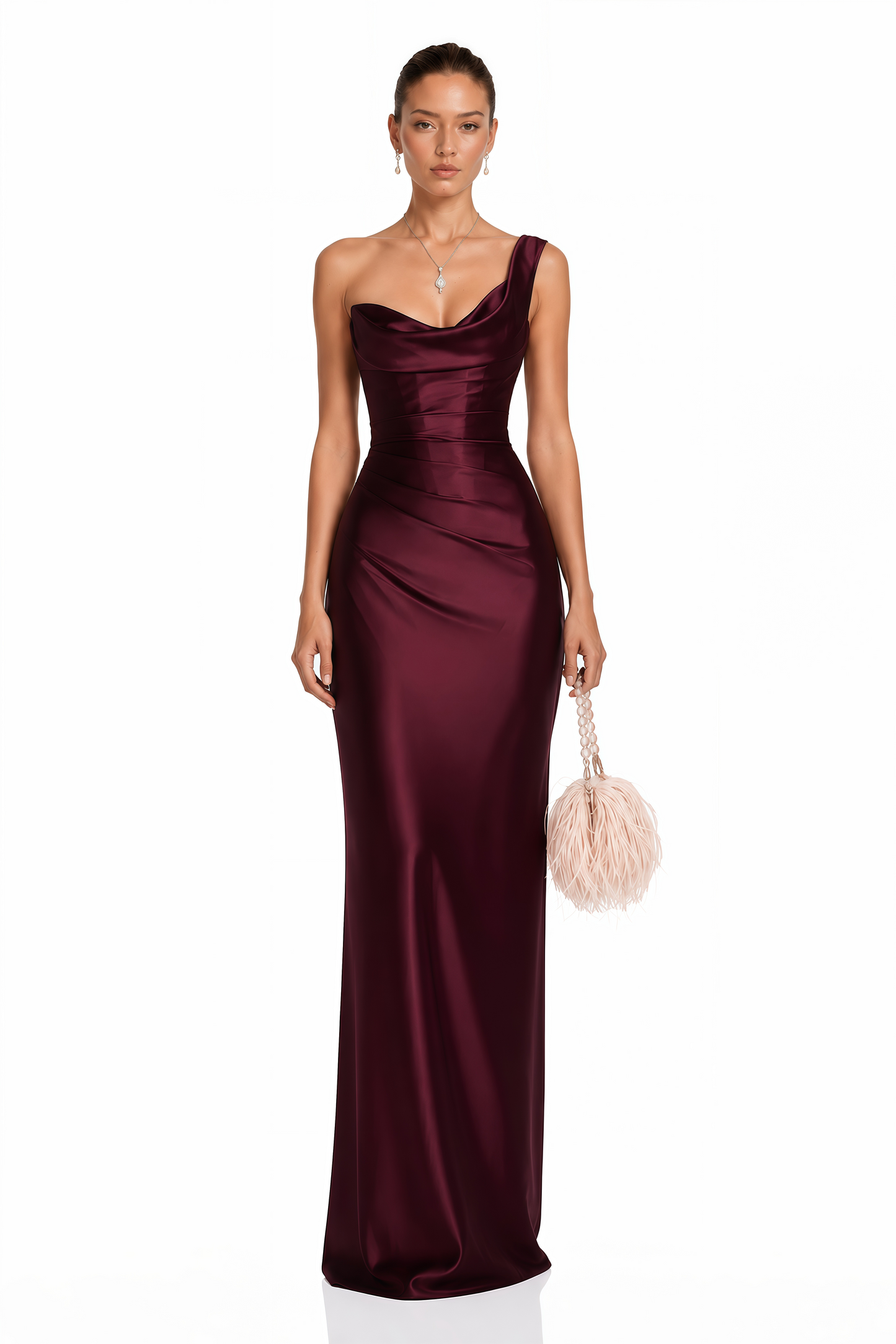 Hannah Burgundy One Shoulder Satin Maxi Dress