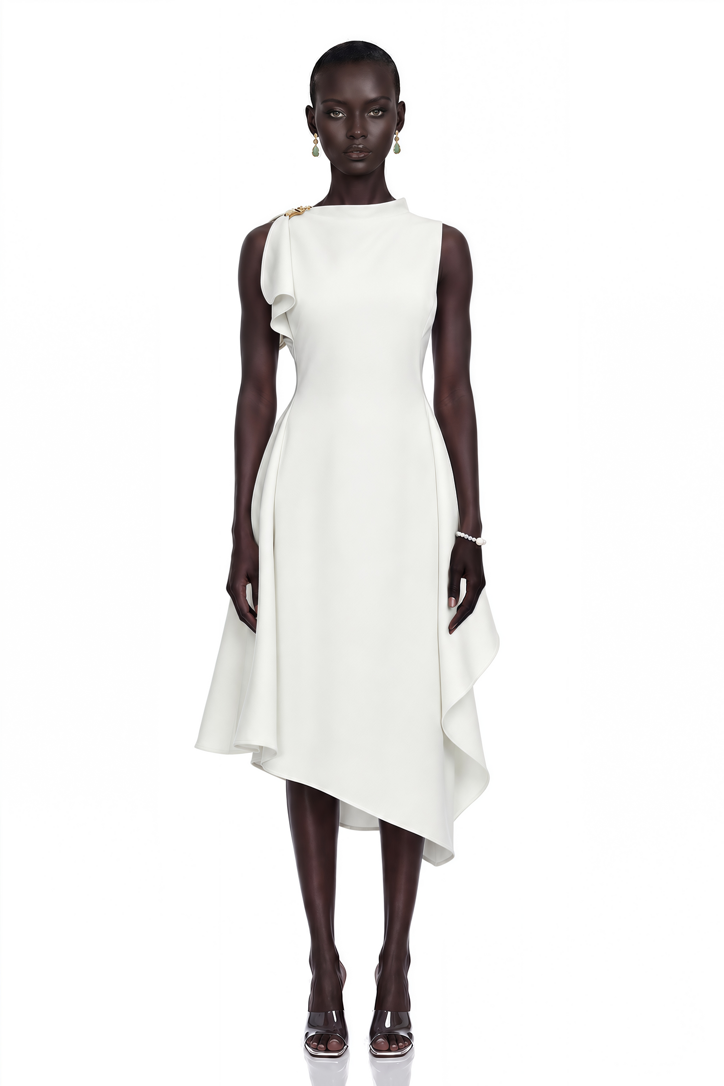 Liana White Asymmetrical Flared Midi Dress