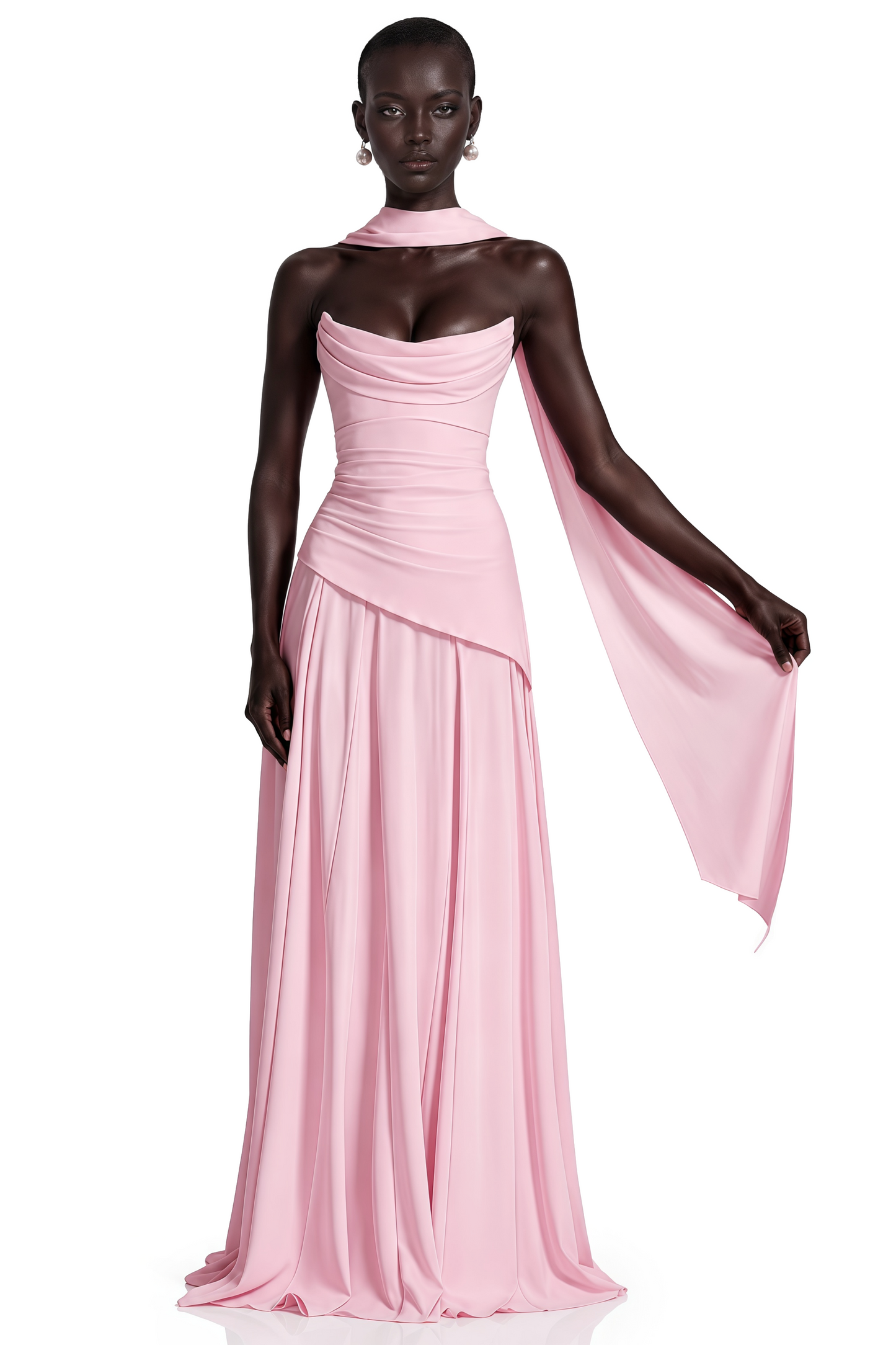 Romane Pink Strapless Corset Chiffon Maxi Dress