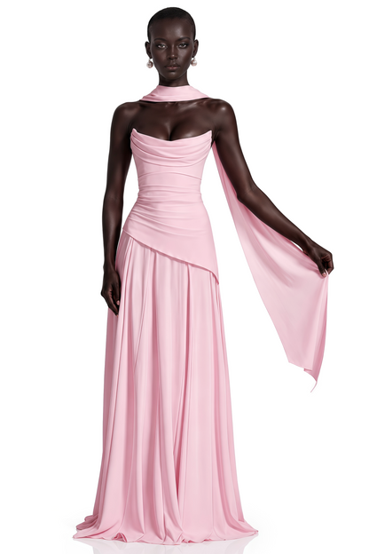 Romane Pink Strapless Corset Chiffon Maxi Dress