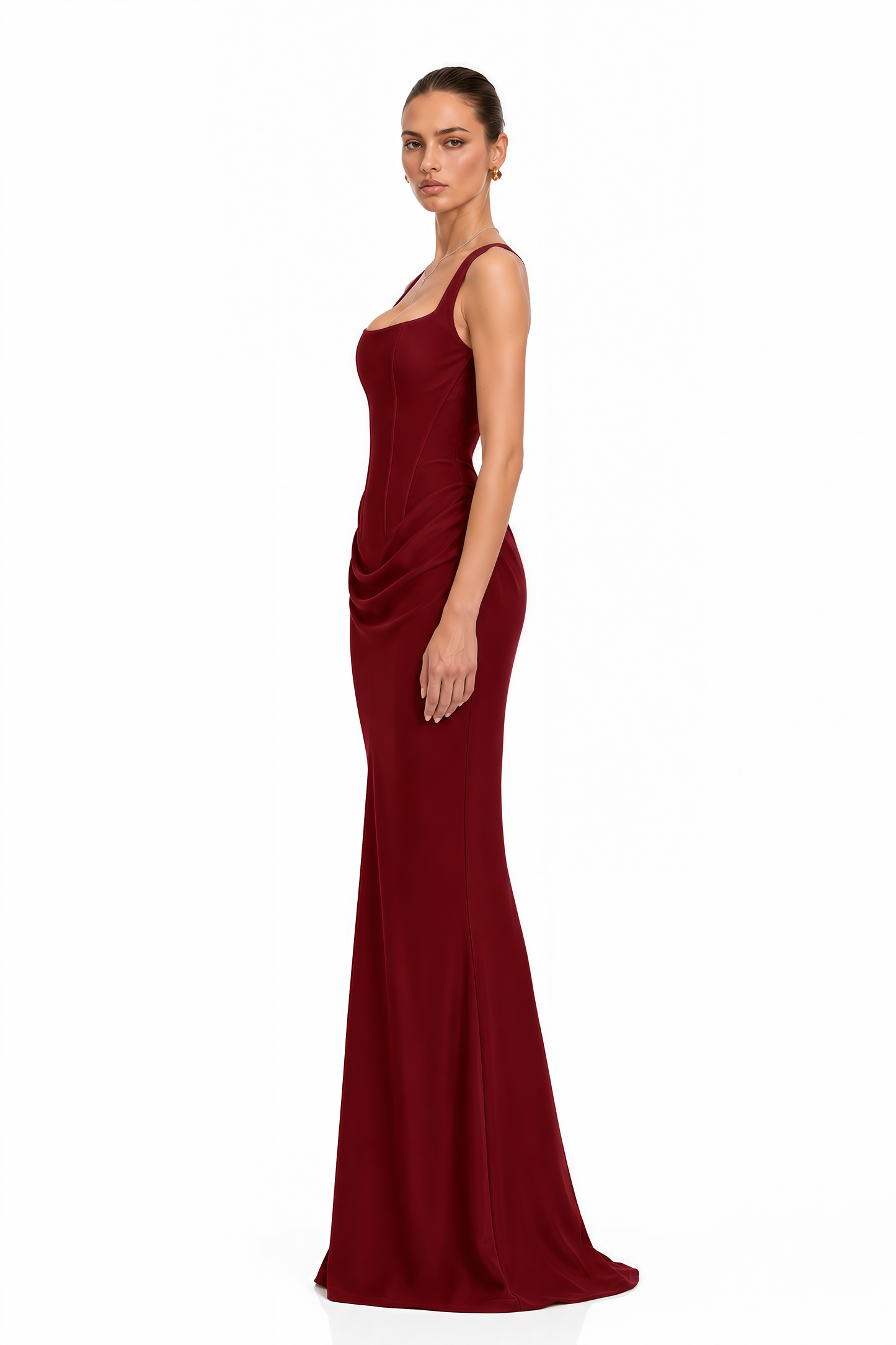Paulette Red Ruched Corset Maxi Dress
