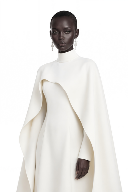 Antonina White Cape Maxi Gown with Long Sleeves