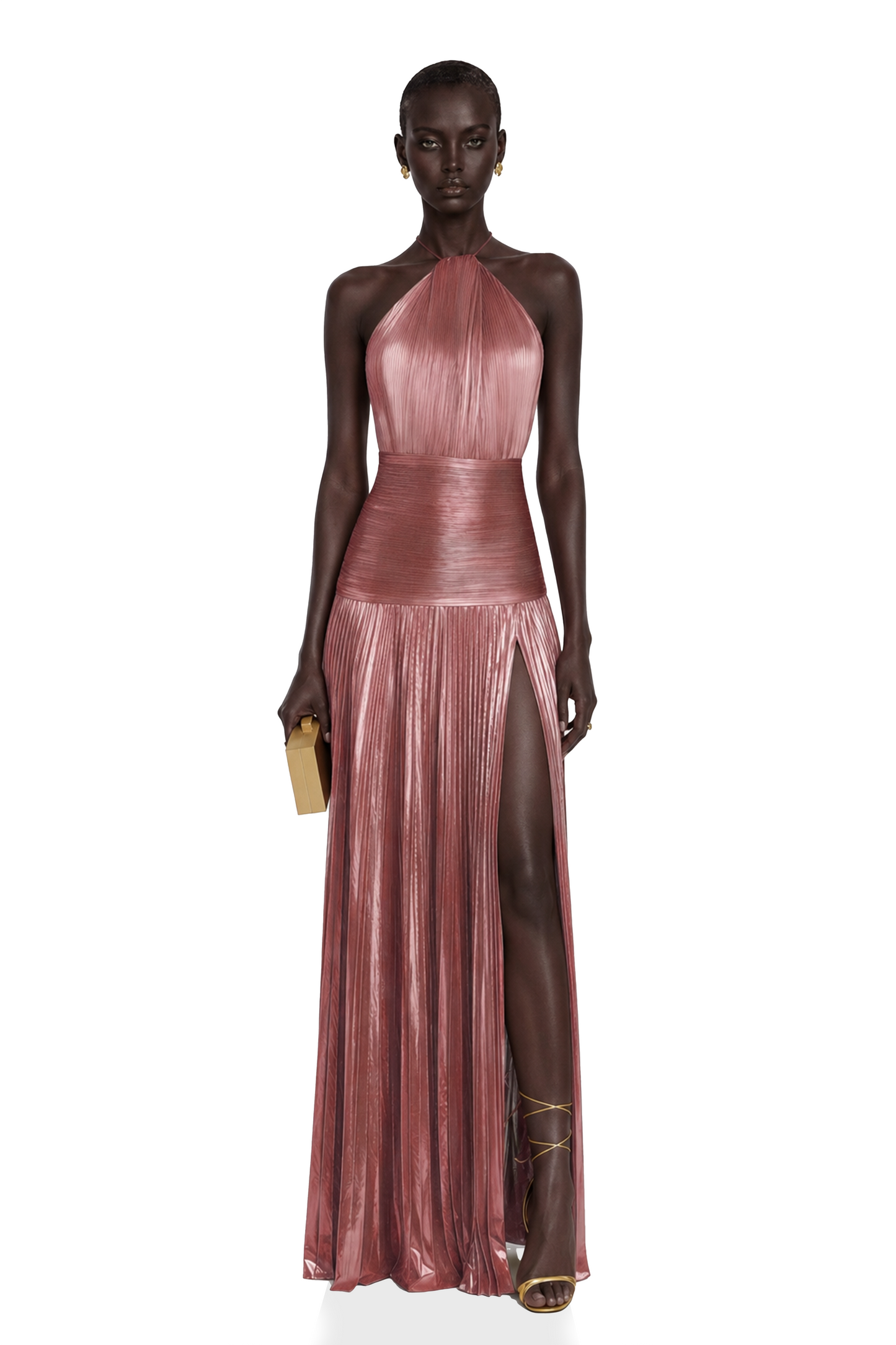 Alchimie Pink Glossy Pleated Maxi Dress