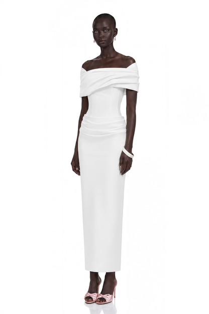 Solara White Draped Midi Dress