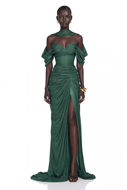 Hazel Green Asymmetrical Draped Maxi Dress