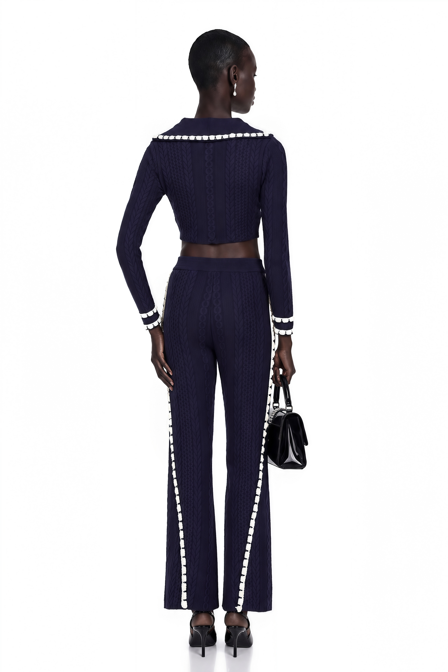 Elvira Navy Blue Crochet-Knit Cardigan & Trousers Matching Set