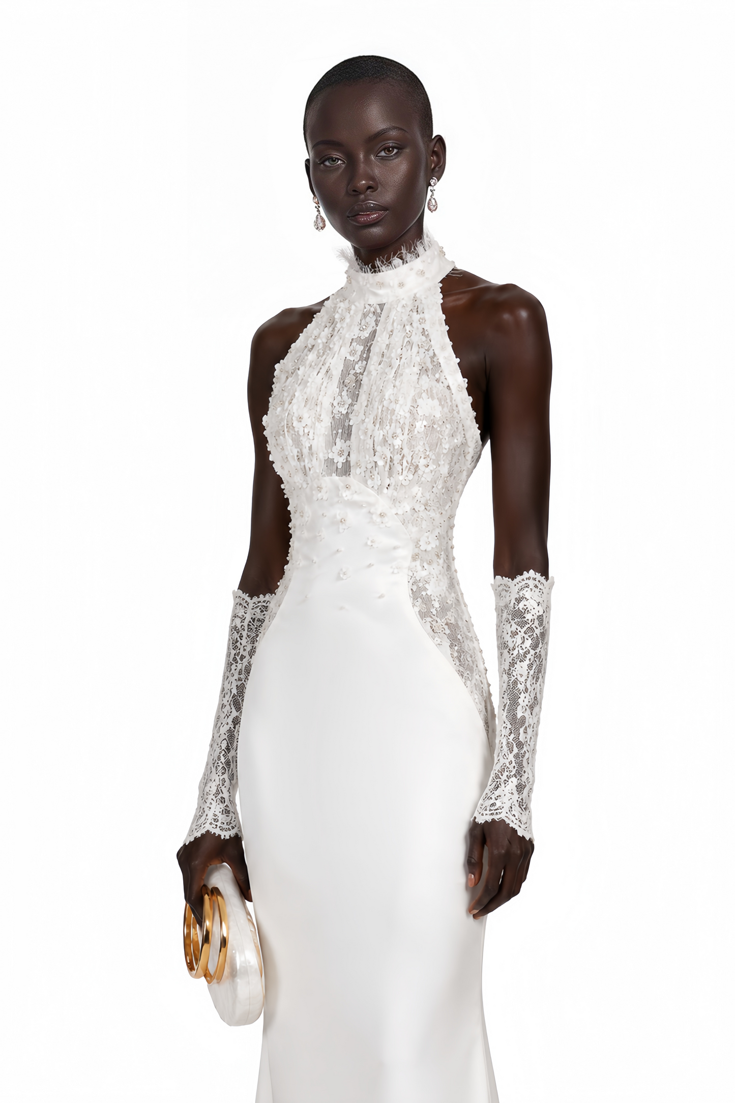 Isabelle White Turtleneck Sequin Ruched Maxi Dress (Without Gloves)