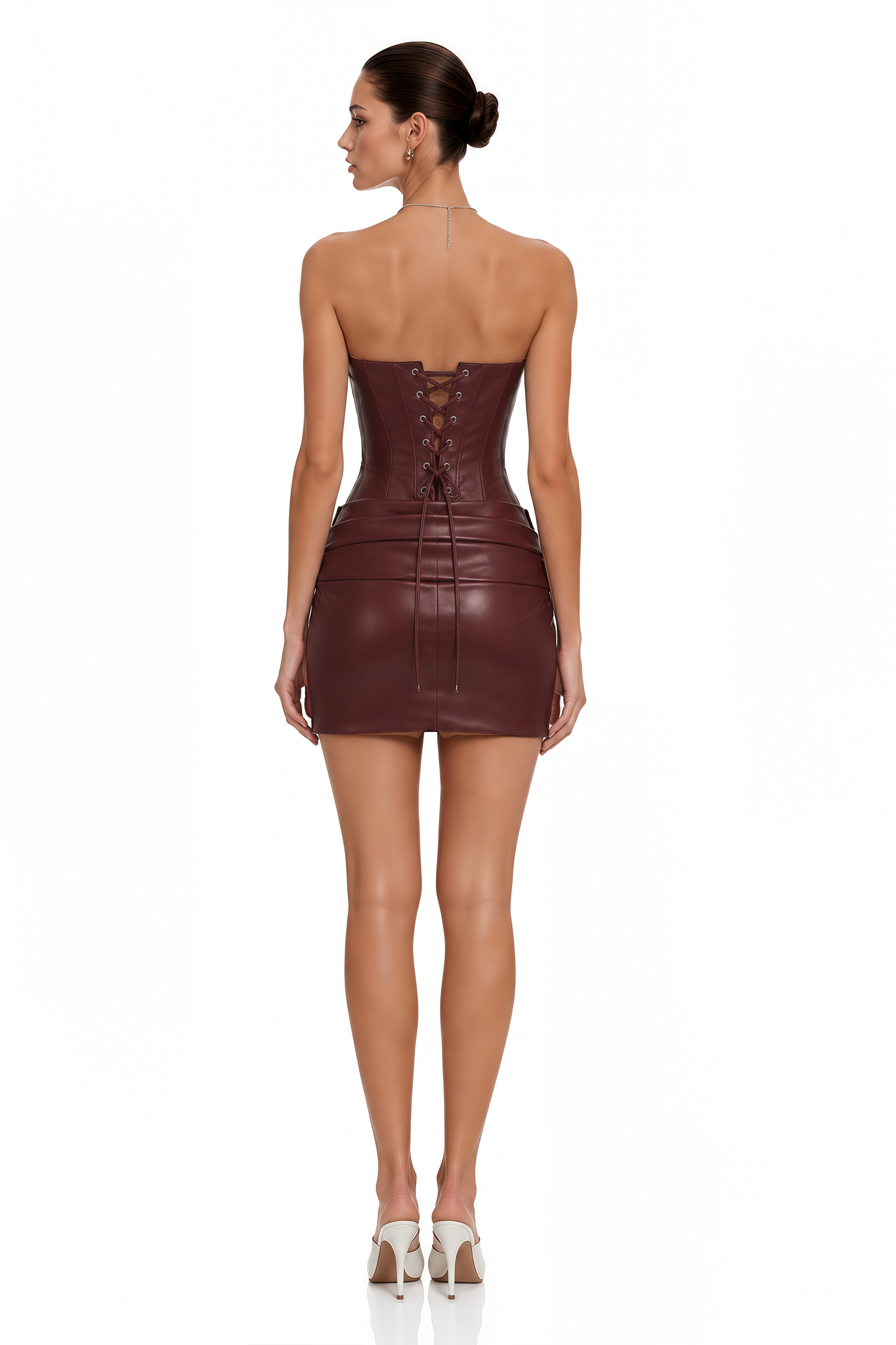 Agnes Kahverengi Dantelli Deri Bodycon Mini Elbise