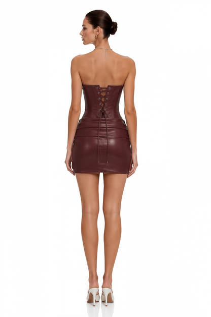 Agnes Kahverengi Dantelli Deri Bodycon Mini Elbise